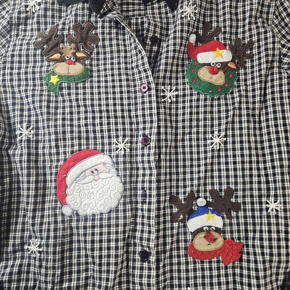 Vintage Women S Christmas Button Up Black White Plaid Reindeer Santa Embroidered - Picture 2 of 13